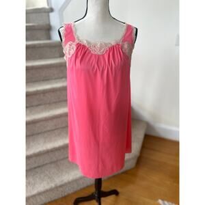 Vintage Sears 1960s Neon Pink Floral Lace Trim Sleeveless Nightie Gown Coquette